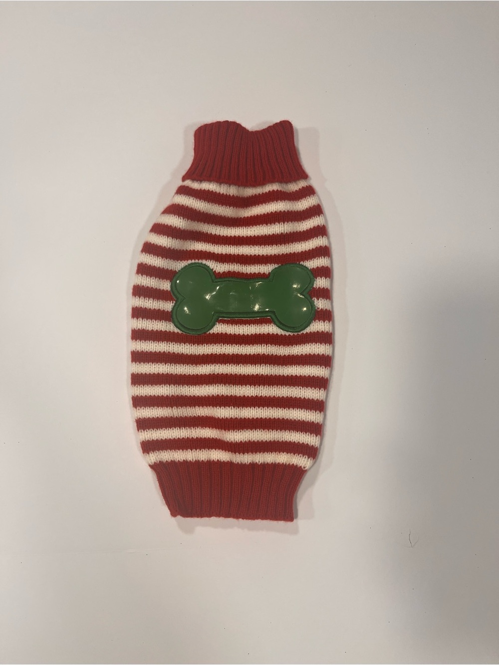 Red and White Striped Dog Sweater with Green Bone Accent